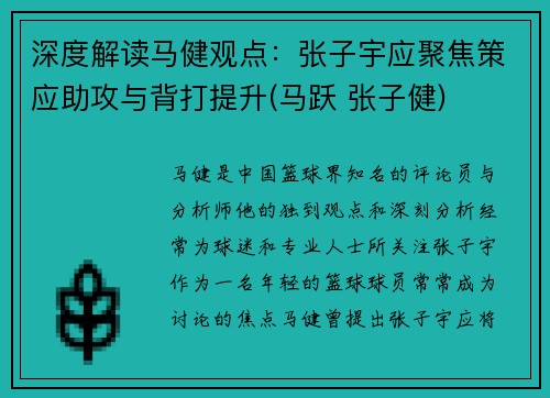 深度解读马健观点：张子宇应聚焦策应助攻与背打提升(马跃 张子健)