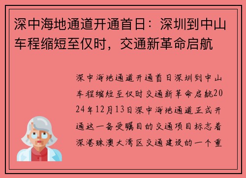 深中海地通道开通首日：深圳到中山车程缩短至仅时，交通新革命启航