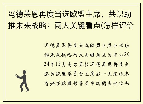 冯德莱恩再度当选欧盟主席，共识助推未来战略：两大关键看点(怎样评价冯德莱恩)