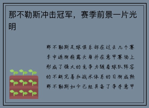 那不勒斯冲击冠军，赛季前景一片光明