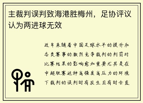 主裁判误判致海港胜梅州，足协评议认为两进球无效