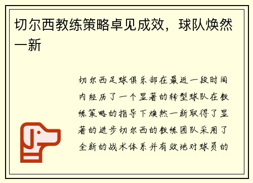 切尔西教练策略卓见成效，球队焕然一新