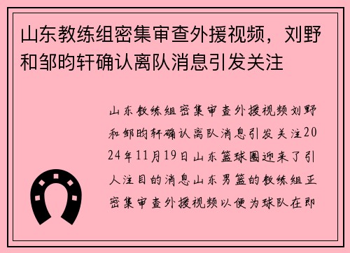 山东教练组密集审查外援视频，刘野和邹昀轩确认离队消息引发关注