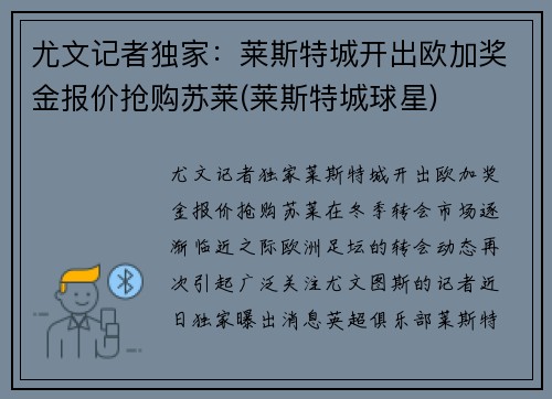 尤文记者独家：莱斯特城开出欧加奖金报价抢购苏莱(莱斯特城球星)