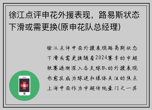 徐江点评申花外援表现，路易斯状态下滑或需更换(原申花队总经理)
