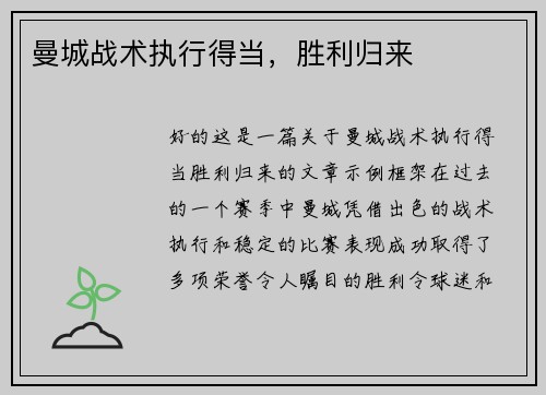 曼城战术执行得当，胜利归来