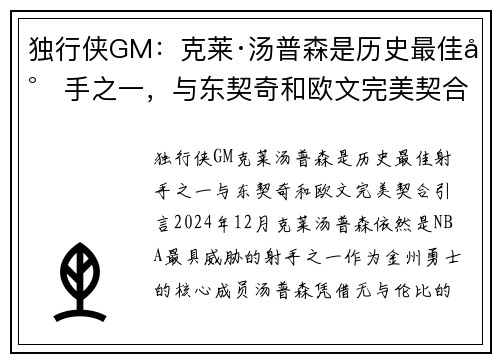 独行侠GM：克莱·汤普森是历史最佳射手之一，与东契奇和欧文完美契合