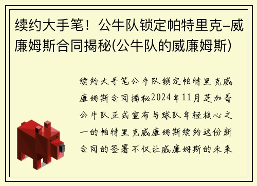 续约大手笔！公牛队锁定帕特里克-威廉姆斯合同揭秘(公牛队的威廉姆斯)