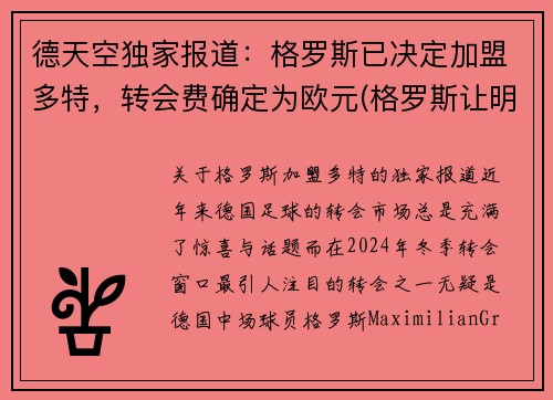 德天空独家报道：格罗斯已决定加盟多特，转会费确定为欧元(格罗斯让明年)