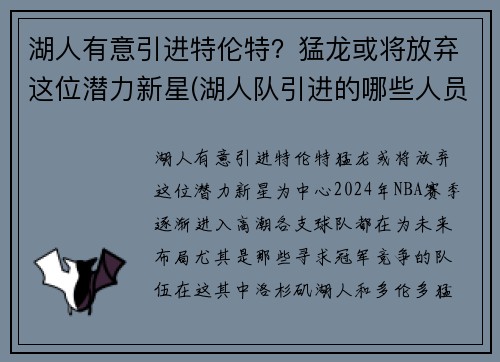 湖人有意引进特伦特？猛龙或将放弃这位潜力新星(湖人队引进的哪些人员)