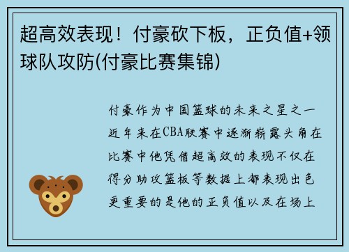 超高效表现！付豪砍下板，正负值+领球队攻防(付豪比赛集锦)